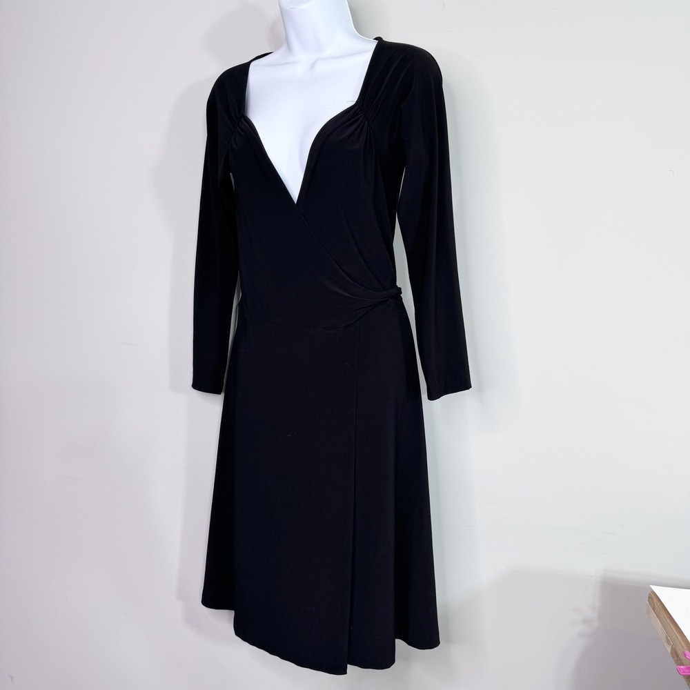 Norma Kamali Dress Womens Medium Black Long Sleeve V Neck Wrap Belted Jersey